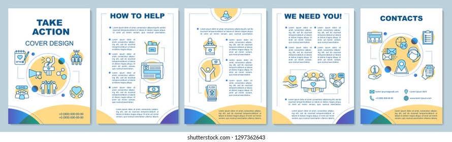 Diseño de plantilla de folleto de actividad voluntaria.Tomemos acción. Volante, folleto, diseño de impresión con ilustraciones lineales. Diseños de páginas vectoriales para revistas, informes anuales, carteles publicitarios