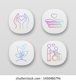 Volunteering app icons set. Charity project, disabled people help, trees planting, educational books distribution. UI/UX user interface. Web or mobile applications. Vector isolated illustrations