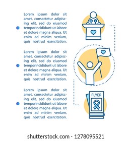 Volunteering article page vector template. Take action. Charity work. Brochure, magazine, booklet design element with linear icons and text boxes. Print design. Concept illustrations with text space