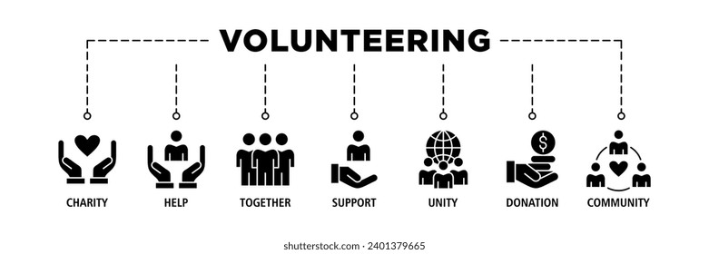 Volunteering banner web icon set vector illustration concept for volunteer aid assistant with icon of charity, help, together, support, unity, donation, and community