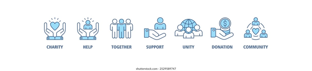 Ícone web de banner de voluntariado definir conceito de ilustração vetorial para assistente de ajuda voluntária com ícone de caridade, ajuda, juntos, apoio, unidade, doação e ícone da comunidade símbolo de golpe ao vivo editável