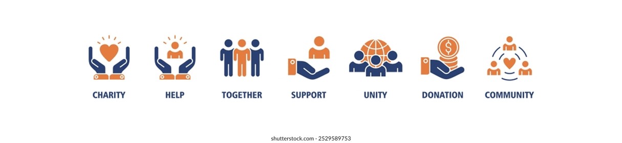 Volunteering banner web icon set vector illustration concept for volunteer aid assistant with icon of charity, help, together, support, unity, donation, and community icons symbol live stroke editable