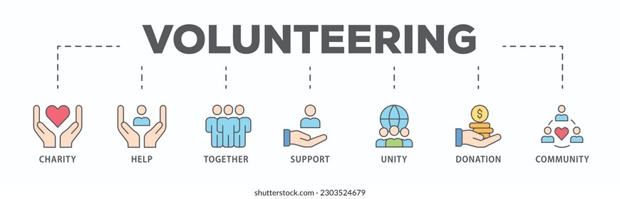 Volunteering banner web icon vector illustration concept for volunteer aid assistant with icon of charity, help, together, support, unity, donation, and community
