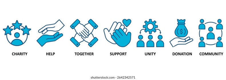 Ilustração vetorial do ícone da web do voluntariado com o ícone da caridade, ajuda, juntos, apoio, unidade, doação e comunidade