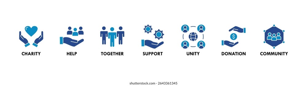Ilustração vetorial do ícone da web do voluntariado com o ícone da caridade, ajuda, juntos, apoio, unidade, doação e comunidade
