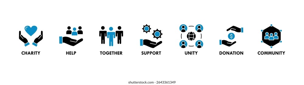 Ilustração vetorial do ícone da web do voluntariado com o ícone da caridade, ajuda, juntos, apoio, unidade, doação e comunidade