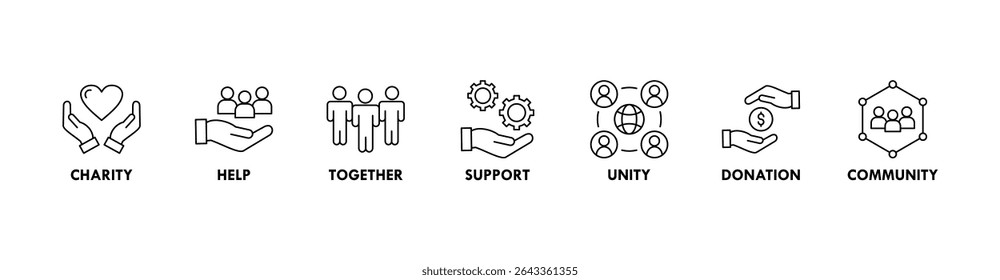 Ilustração vetorial do ícone da web do voluntariado com o ícone da caridade, ajuda, juntos, apoio, unidade, doação e comunidade