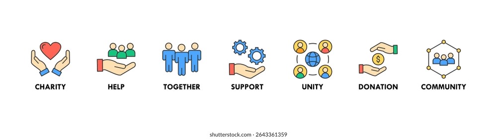 Volunteering banner web icon vector illustration concept for volunteer aid assistant with icon of charity, help, together, support, unity, donation, and community