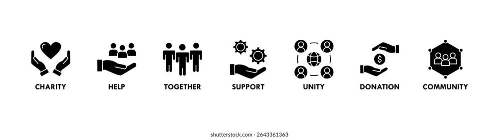 Ilustração vetorial do ícone da web do voluntariado com o ícone da caridade, ajuda, juntos, apoio, unidade, doação e comunidade