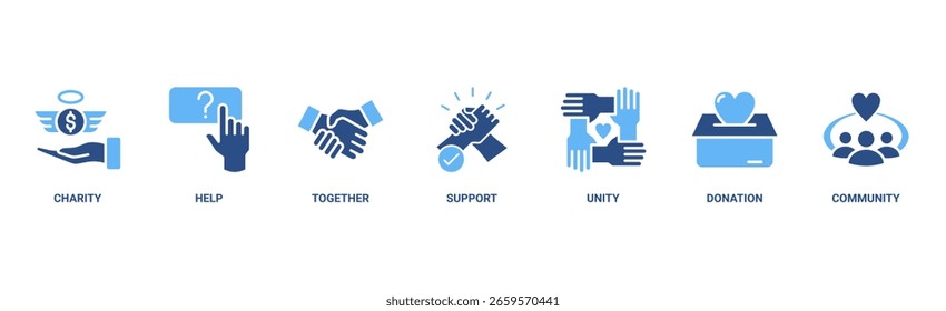 Ilustração vetorial do ícone da web do voluntariado com o ícone da caridade, ajuda, juntos, apoio, unidade, doação e comunidade