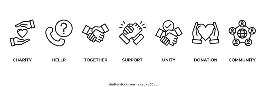 Concepto de Ilustración vectorial de ícono de Web de Anuncio voluntario para asistente de ayuda voluntaria con ícono de caridad, ayuda, juntos, Asistencia, unidad, donación y comunidad