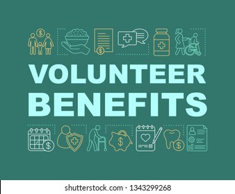 Volunteering benefits word concepts banner. Charity. Presentation, website. Nonprofit organization. Charitable foundation. Isolated lettering typography with linear icons. Vector outline illustration