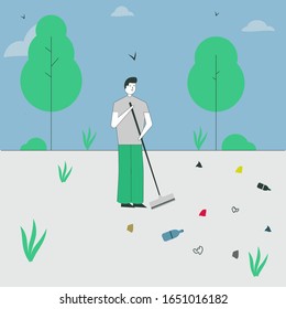 volunteering boy clean up outside illustration