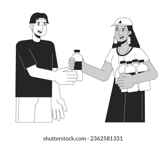Volunteering bw concept vector spot illustration. Woman giving water bottle. Donation 2D cartoon flat line monochromatic characters on white for web UI design. Editable isolated outline hero image
