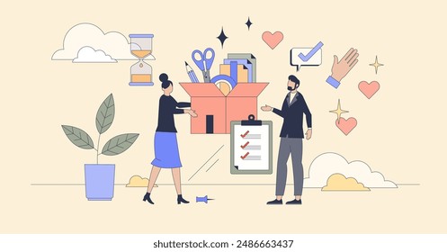 Volunteering campaign and stationary support tiny person neubrutalism concept. School materials and study supplies donation from charity organization vector illustration. Humanitarian help activity.
