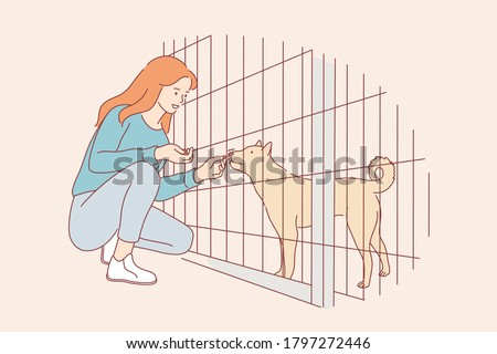 Volunteering, care, love, affection concept. Young happy smiling woman girl volunteer cartoon character feeding food dog pet friend in nursery. Adoption stray animal from special shelter illustration.