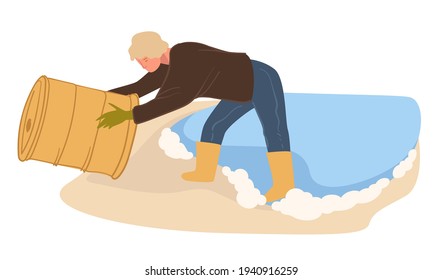 Volunteering character cleaning oil products from water masses. Personage with metal bucket or can pulling away from lake or sea. Helping and protecting nature and planet. Vector in flat style