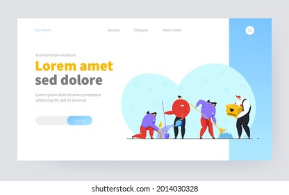 Volunteering and charity concept. Volunteers collecting donations, planting trees, taking care about nature, giving help and support to senior people. Vector illustration in flat style