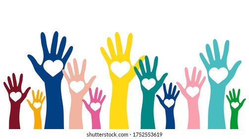 Volunteering, charity and donating concept. Raised colorful hands with white heart vector design element