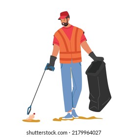 Volunteering, Charity, Ecology Protection, Save Planet Concept. Mature Volunteer Male Character Cleaning Garbage from Ground, Adult Man Collecting Trash to Sack. Cartoon People Vector Illustration