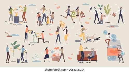 Volunteering and charity with environmental help tiny person collection set. Mini scenes with social responsibility, community solidarity and nature support vector illustration. Elders or poor items.