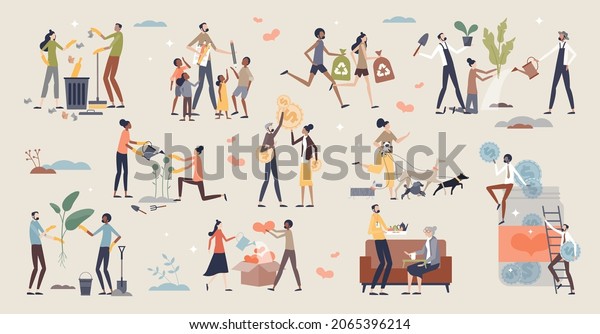 Volunteering and charity with environmental help\
tiny person collection set. Mini scenes with social responsibility,\
community solidarity and nature support vector illustration. Elders\
or poor items.