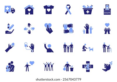 Volunteering and charity flat icon set. Humanitarian and global causes, animal welfare, social responsibility and donations vector graphic elements