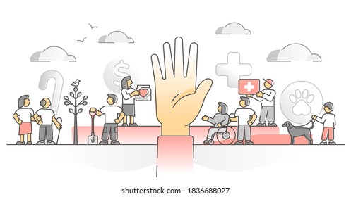 Volunteering for charity help and support donation monocolor outline concept. Give social aid for animal rescue, disabled, healthcare, poor and elder society vector illustration. Red cross treatment.