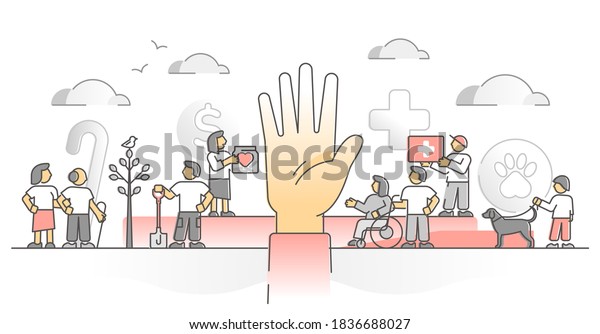 Volunteering for charity help and support\
donation monocolor outline concept. Give social aid for animal\
rescue, disabled, healthcare, poor and elder society vector\
illustration. Red cross\
treatment.