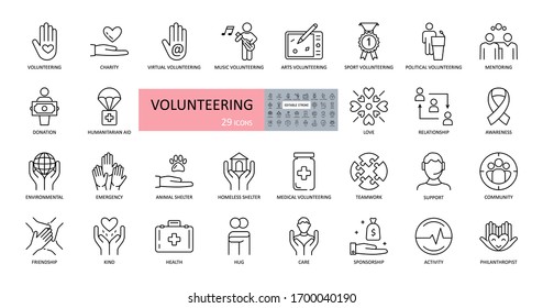 Volunteering, Charity Icons. Set Of Images With Editable Stroke. Help And Support For Children And Adults, Animals. Humanitarian Aid, Volunteers Health, Politics, Sports, Friendship, Kindness, Sponsor