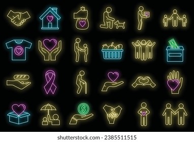 Volunteering charity icons set. Outline set of volunteering charity vector icons neon color on black