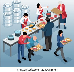 Volunteering Charity Isometric Composition With Women Feeding Poor And Elderly People At Soup Kitchen 3d Vector Illustration