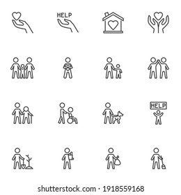 Volunteering and charity line icons set, outline vector symbol collection, linear style pictogram pack. Signs, logo illustration. Set includes icons as family relationship, friendship togetherness