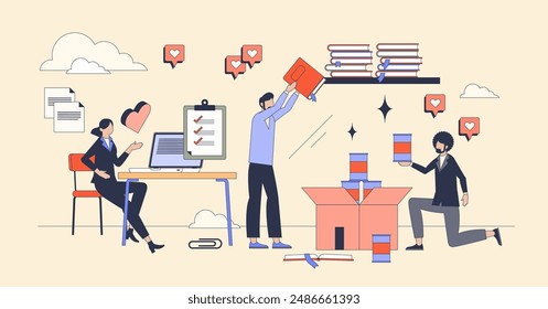 Volunteering and charity organization tiny person neubrutalism concept. Giving groceries and food products, books and stationary for school vector illustration. Social care box with support for poor.