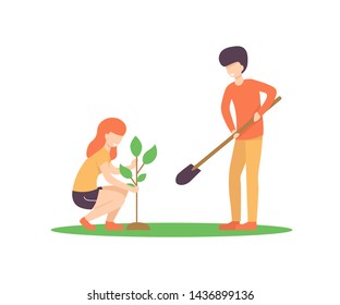 Volunteering, charity social concept. Man and woman plant trees in city park, vector flat illustration. Ecological lifestyle. 