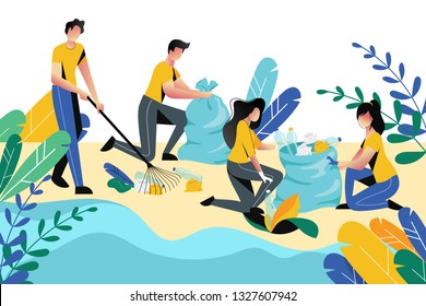 Volunteering, charity social concept. Volunteer people cleaning garbage on beach area or city park, vector flat illustration. Ecological lifestyle.