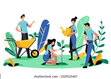 Volunteering  charity social concept  Volunteer people plant trees in city park  vector flat illustration  Ecological lifestyle 