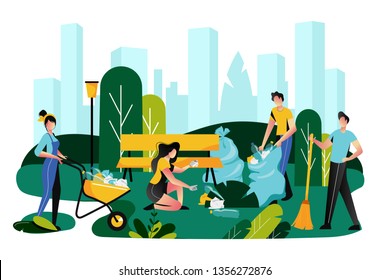 Volunteering, charity social concept. Volunteer team of young people are sweeping and cleaning garbage on lawn of city park, vector flat illustration. Ecological lifestyle.