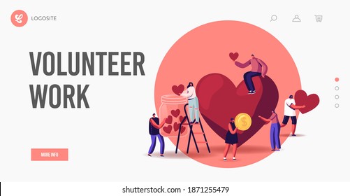 Volunteering, Charity Support Landing Page Template. Tiny Volunteer Characters Collecting Hearts in Donation Jar. Help Campaign for Generous People Community, Donate. Cartoon Vector Illustration