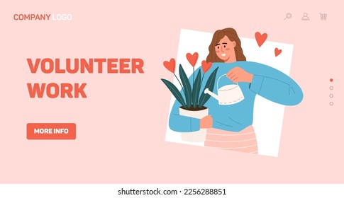 Volunteering, Charity Support Landing Page Template. Volunteer growing plant with hearts. Help Campaign for Generous People Community, Donate. Flat Vector Illustration