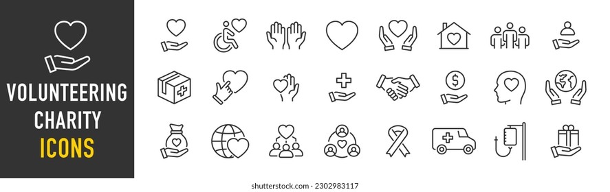 Iconos web de voluntariado y caridad en estilo de línea. Donación, donante, doctor, cuidado, ayuda, apoyo, recolección. Ilustración vectorial.