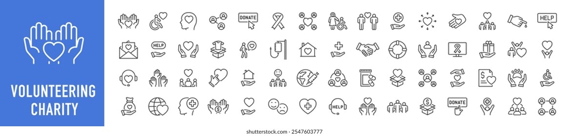 Iconos web de voluntariado y caridad en estilo de línea. Dona, dona, doctor, cuidado, ayuda, Asistencia, colección. Ilustración vectorial.