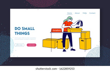 Volunteering and Charity Website Landing Page. Volunteer Girl Filling Donation Box with Products and Clothing to Help Poor People in Shelter Web Page Banner. Cartoon Flat Vector Illustration, Line Art