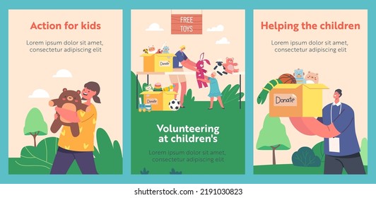 Volunteering at Children Cartoon Banners. Young Volunteers Giving Toys to Orphan Kids from Donation Box with Goods. Characters Altruistic Help to Poor Kids, Charity. Cartoon People Vector Posters