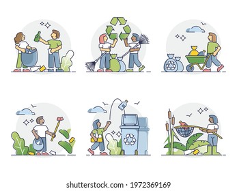 Volunteering for cleaner world with plastic garbage recycling outline concept. Earth care and cleaning from trash pollution vector illustration. Nature care and planet protection social activists.