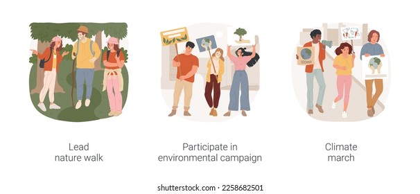 El voluntariado por la justicia climática aisló la ilustración vectorial de dibujos animados. Caminata por la naturaleza, guiar la caminata grupal, iniciar campaña ambiental, marcha climática, gente con caricaturas vectoriales de afiches.