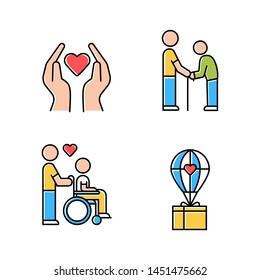Volunteering color icons set. Charity project, disabled and elderly people help, humanitarian assistance. Community service help. Isolated vector illustrations