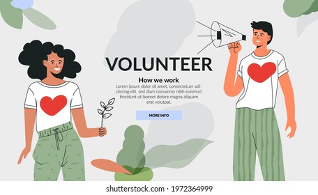 Volunteering community concept. Care for environment, green mind, ecology lover. Active diverse people doing social charity activities. Flat vector cartoon illustration. Template fot website 