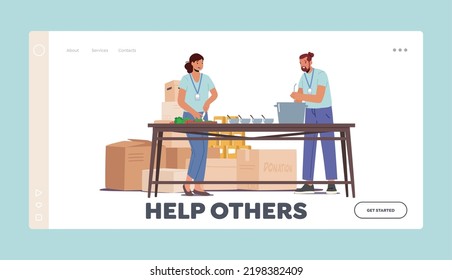 Volunteering Community, Foundation Service, Help Landing Page Template. Volunteers Characters with Charity Badges Pouring Food in Bowls for Feeding Homeless Refugee People. Cartoon Vector Illustration