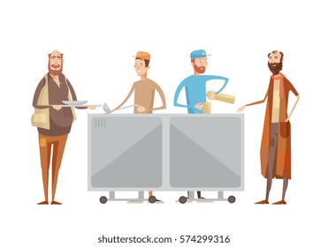Volunteering composition with flat characters of volunteers in uniform dispensing drinks and food to rough sleepers vector illustration